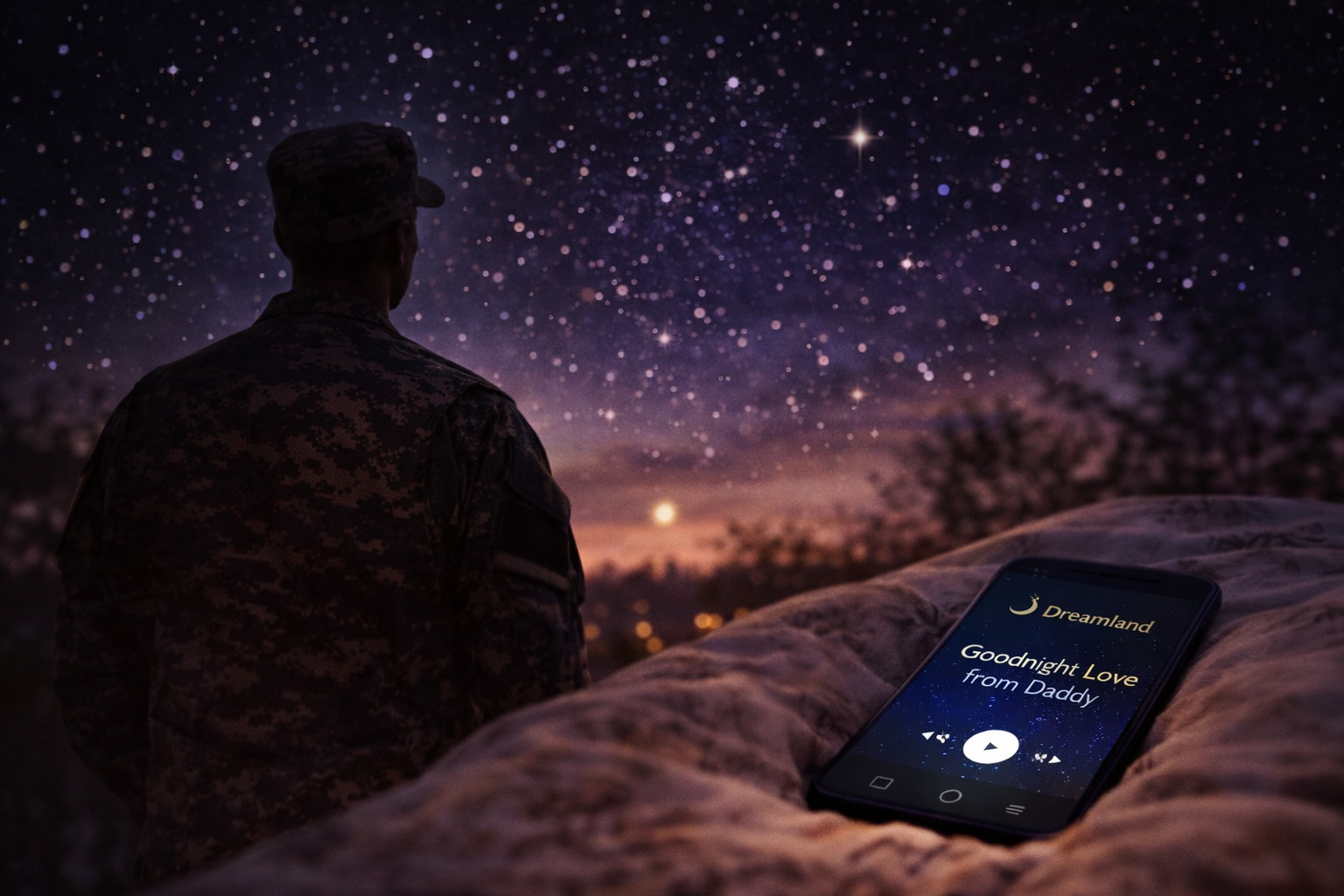 Soldier under night sky with Dreamland app on phone