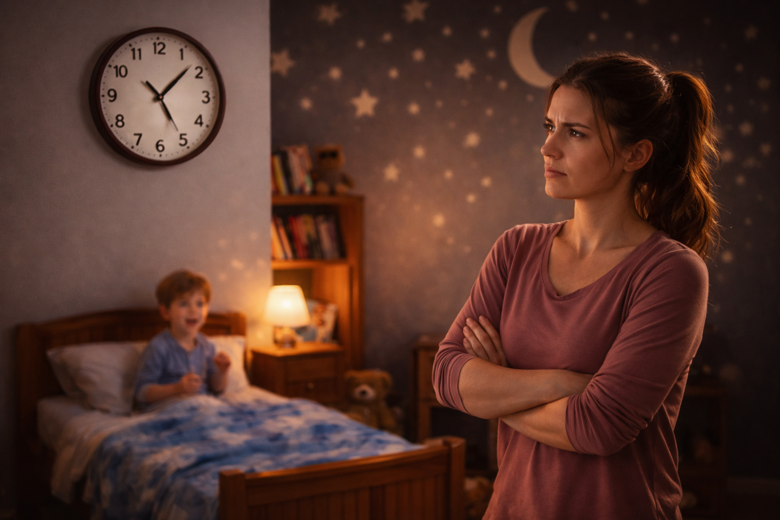 Mother standing in child's bedroom at night while child talks from bed